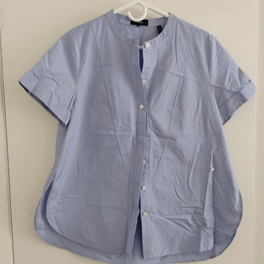 Theory Light Blue Short Sleeve Band-Collar Button Down Shirt